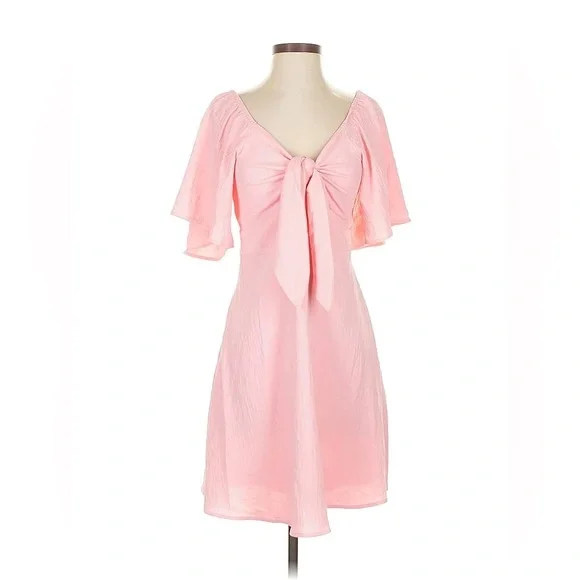 Pink Flutter Sleeve Tie-Front Mini Dress Summer Casual Vacation Outfit Size S - Picture 2 of 10